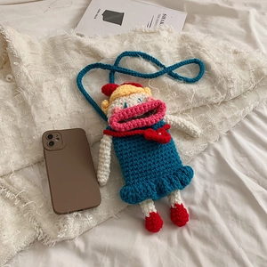 Petit sac à bandoulière en crochet fait main bleu avec lèvres rouges et cheveux jaunes