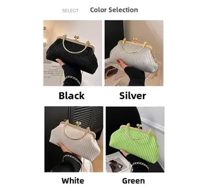 Chic pleated evening clutch bag with round metal handle and chain strap in four colors
