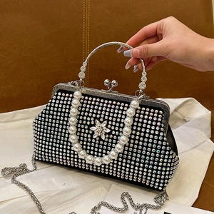 Sac De Soirée En Strass Avec Poignée En Künstliche Perles Et Fermoir En Cristal De Fleur Sac À Main Rétro De Fête Sac Bandoulière Chaîne Pour Femmes