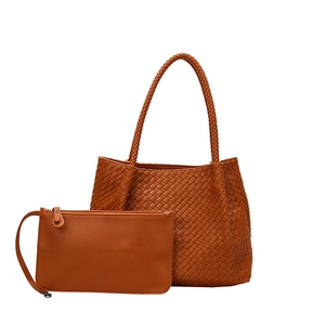 Brown woven leather tote bag set with matching inner pouch for elegant women