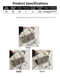 Detailed size specifications for a rhinestone evening clutch with dimensions and handle height