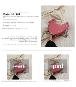 Détails du sac cœur rose en similicuir avec chaîne argentée et dimensions du produit
