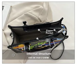 Vue intérieure du cabas montrant la poche zippée, le compartiment téléphone et l'espace
