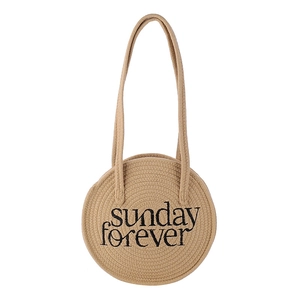 Sunday Forever woven straw round shoulder bag with long strap and black embroidery