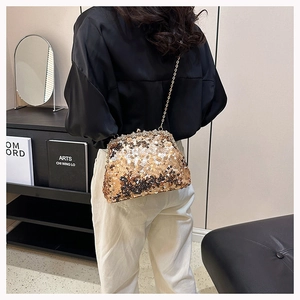 Detail of sequin evening clutch bag with gold chain strap shown on model shoulder