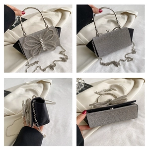 Detailed views of evening bag with silver rhinestones and 3D crystal butterfly
