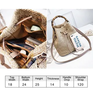 Large vintage woven straw bucket bag with bamboo handle and detailed size chart display
