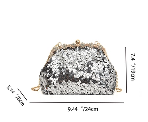 Silver sequin clutch bag detail with dimensions 24x19x8cm and gold floral rhinestone clasp