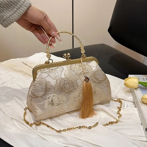 Floral jacquard evening clutch with gold handle, long silk tassel and chain strap