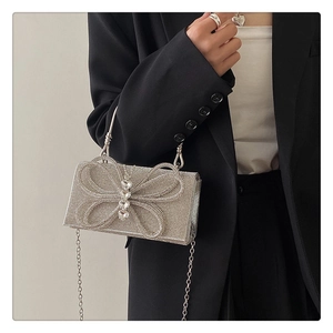 Detail of silver butterfly evening bag with rhinestones held by a model in a black suit