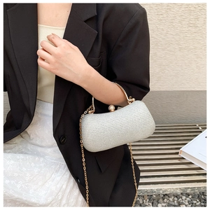 Detail of silver evening clutch with pearl clasp and gold chain on a model