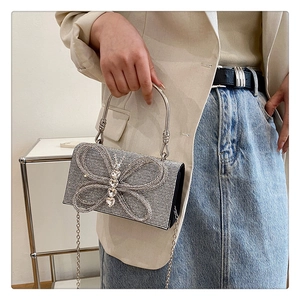 Close-up of a silver evening clutch bag featuring a large rhinestone butterfly and metal handle