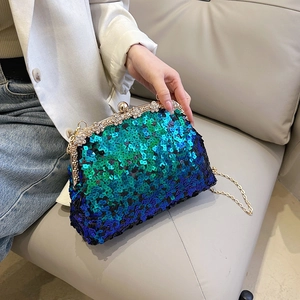 Sequin Evening Clutch Bag Rhinestone Flower Clasp Metal Chain Party Prom Wedding Handbag For Women Vintage Crossbody