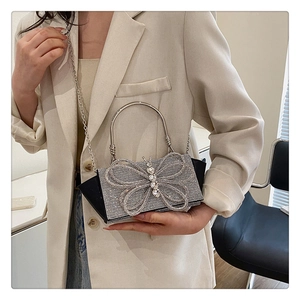 Detail of evening clutch bag featuring a crystal butterfly and silver metal ring handle