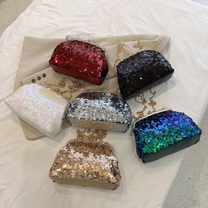 Elegant vintage sequin evening bags with clasp closure and detachable gold chains in six colors
