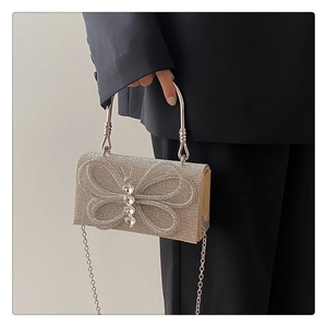 Detail of silver rhinestone evening bag featuring a large crystal butterfly and U-shaped handle