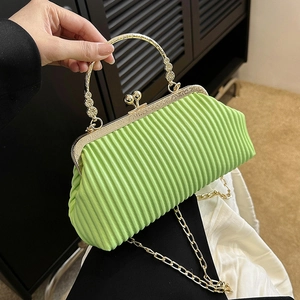Vintage Pleated Evening Clutch Bag For Women PU Leather Wristlet Handbag With Gold Metal Handle And Detachable Chain