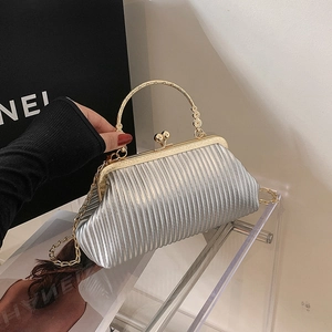 Elegant silver pleated clutch bag with gold metal frame and detachable chain strap