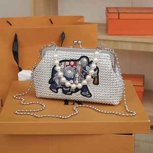 Women Rhinestone Evening Bag Artificial Pearl Handle Elephant Embroidery Ethnic Style Crossbody Handbag Purse