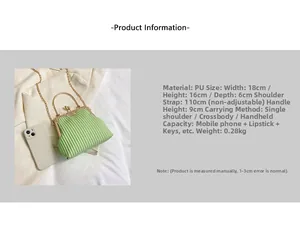 Detailed dimensions and specs of light green PU leather handbag with gold metal handle