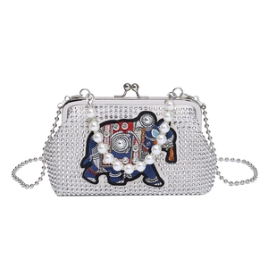 Ethnic dinner bag with colorful elephant embroidery, rhinestones and pearl handle strap
