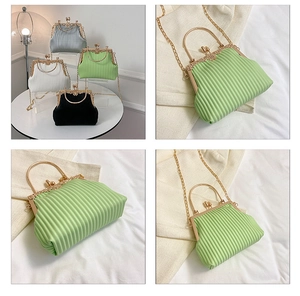 Detailed view of vintage pleated evening bag with elegant metal clasp and chain strap