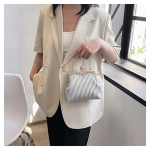 Detail of silver pleated kiss-lock handbag with metal handle and elegant chain strap