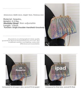 Size comparison of gradient sequin clutch with iPad and A4 magazine for scale