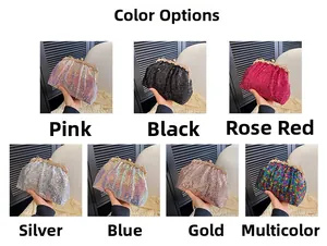 Sequin clutch evening bag available in seven colors with spherical clasp and chain