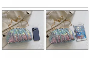 Glitter evening bag size comparison with iPhone 14 Pro Max on beige fabric backdrop