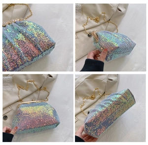 Detailed views of a sequined evening clutch bag with colorful iridescent scales and gold chain