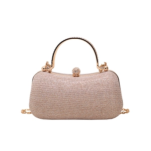 Elegant champagne gold sequin evening clutch bag with metal handle and rhinestone clasp