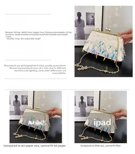 Detailed view of a white sequin evening bag with gold chain strap and size comparison
