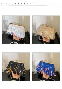 Detail view of sparkly sequin evening clutch bags with fringe in four metallic colors
