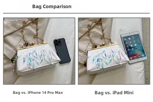 Detailed size comparison of white sequin evening bag with iPhone and iPad mini