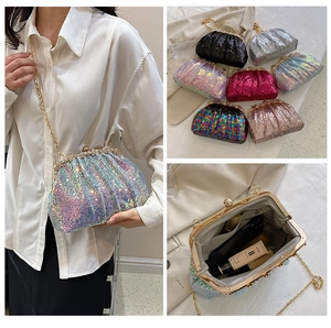 Detail view of sparkly sequin evening bag showing interior capacity and color options