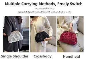 Detailed views of shiny sequin evening bag showing crossbody, shoulder and clutch styles