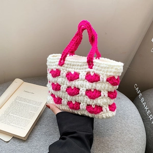 Borsa Tote Fatta A Mano All'uncinetto Motivo A Cuore Colore A Contrasto Stile Coreano Borsa A Mano Per Donne Ragazze