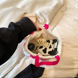 Borsa tote all'uncinetto fatta a mano con manici rosa a contrasto e trama bianca a maglia