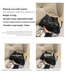 Black sequin evening bag with gold lace details, size comparison 28x19x7cm and chain strap