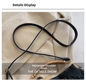 Detail of black sequined evening bag featuring gold metal handle and adjustable strap