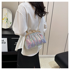 Close-up of iridescent sequin clutch bag with golden chain and vintage metal clasp