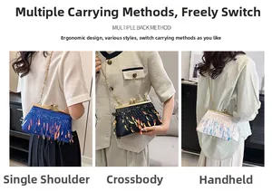 Detailed views of vintage sequin tassel evening bag in blue, black and white options