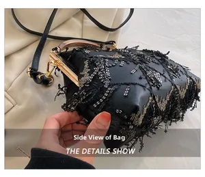 Detail view of the black sequin evening bag featuring fringe trim and a gold metal clasp