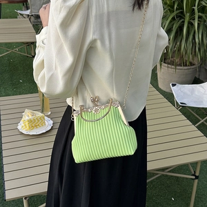 Retro bright green pleated crossbody bag with golden floral frame and chain strap