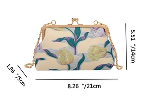 Detailed size specifications for vintage jacquard tulip dinner bag with metal chain