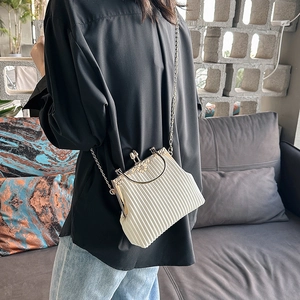 Elegant white pleated handbag with golden clasp and metal handle for women