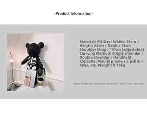 Detail showing oversized PU leather bear backpack with white skeleton print and measurements