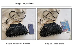 Size comparison of black sequin tassel bag with iPhone 14 Pro Max and iPad mini