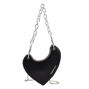 Sac à main noir original en forme de cœur avec chaînes argentées et texte imprimé